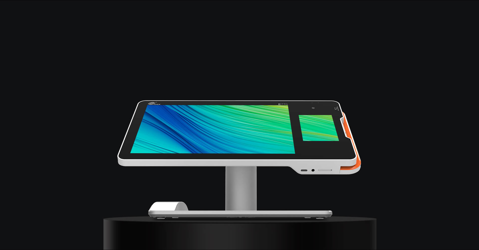 E770, a payment terminal, siting on a black pedestal