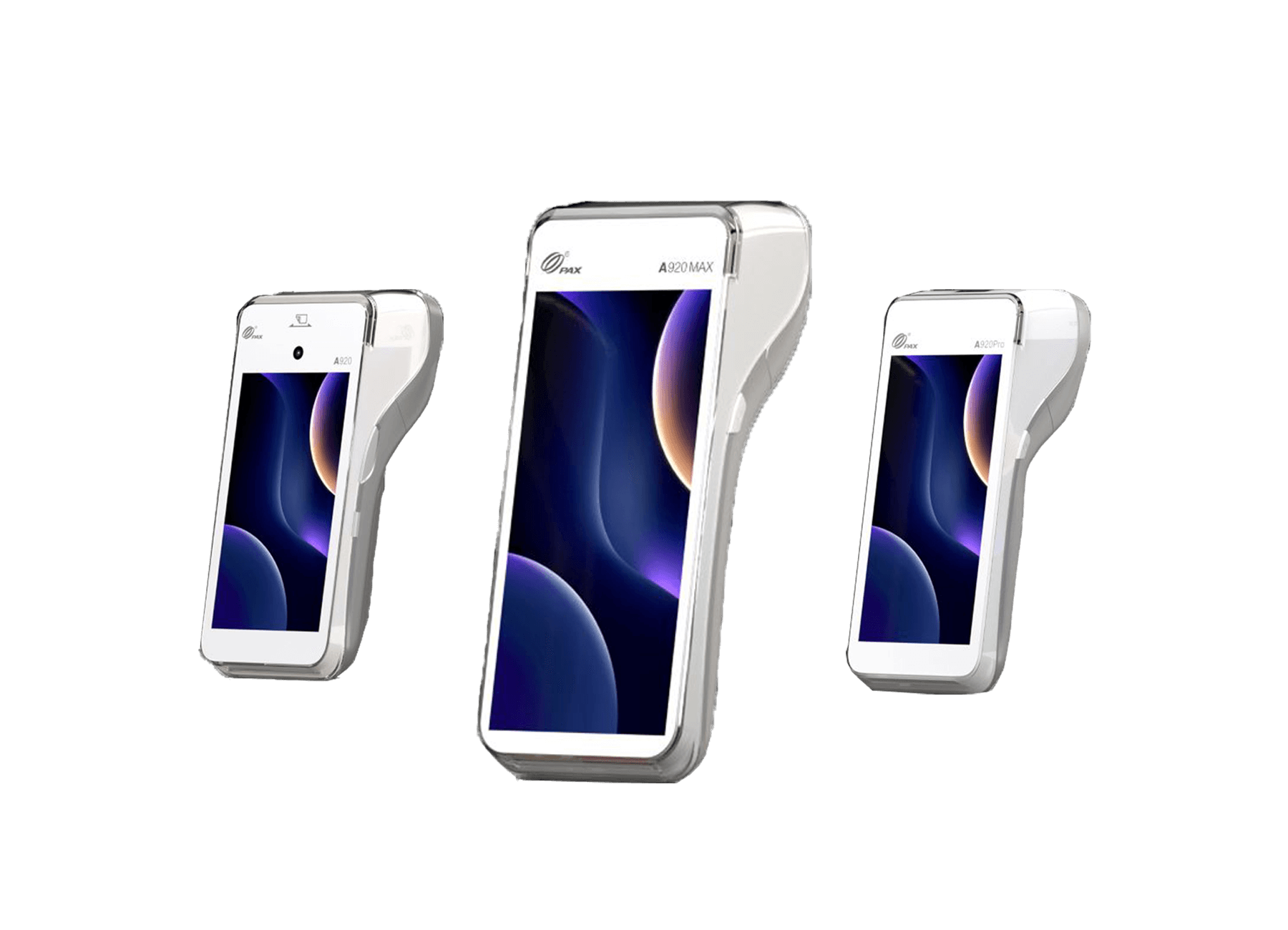 Three handheld payment devices within the same series. Each device has a blue, gold, and purple curved lines screen saver