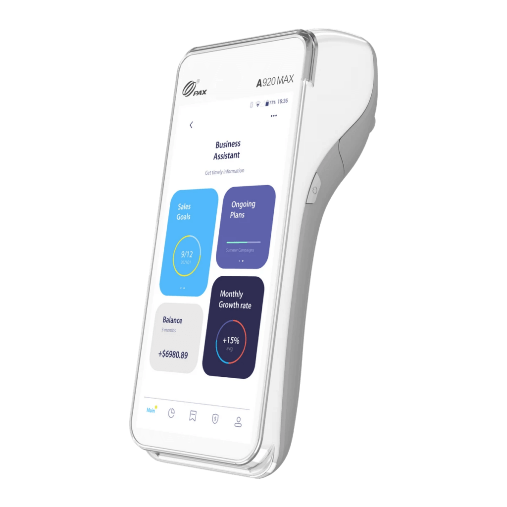 A77MAX angled left displaying 'business assistant' screen which has sales goals, ongoing plans, monthly growth rate, and balance
