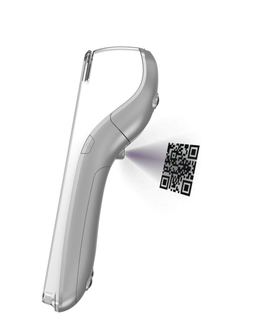 Side view of PAX A920MAX payment device with QR code scanner that is scanning a floating QR code
