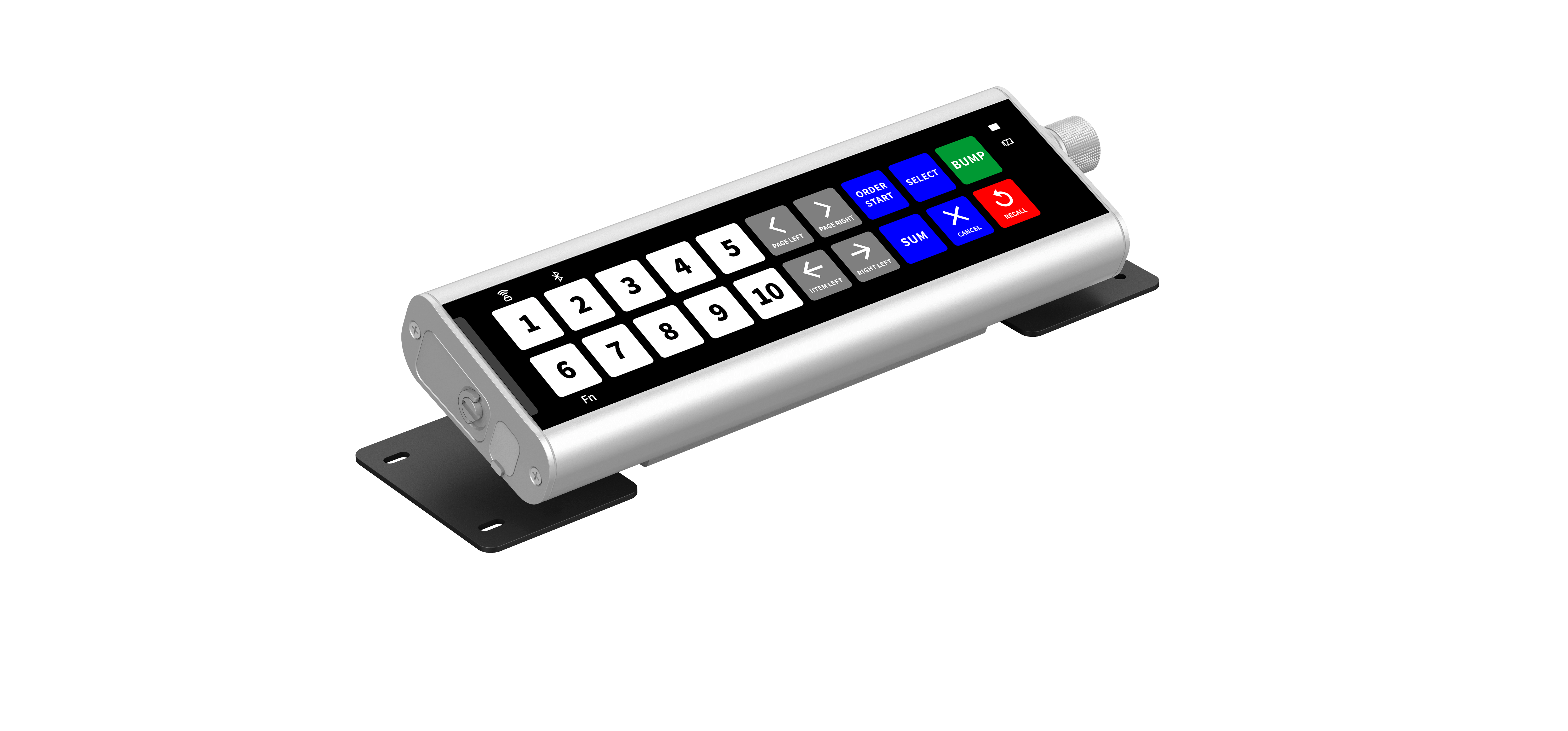 Bump bar, angled right with Numbers 1-10, page left, page right, item left, right left, order start, select, sum, cancel, bump, and recall buttons