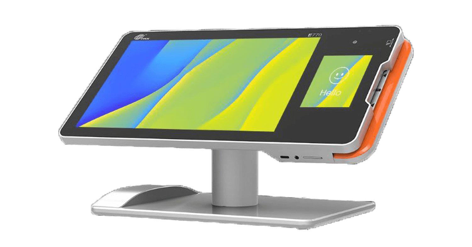 payment terminal angled left with blue and yellow screen saver