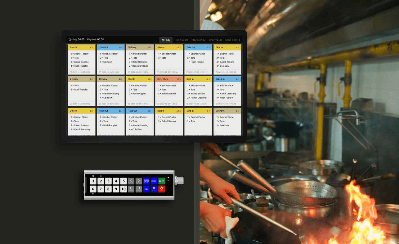Elys Display monitor with bump bar beneath in a kitchen situation with fire coming up from the pan
