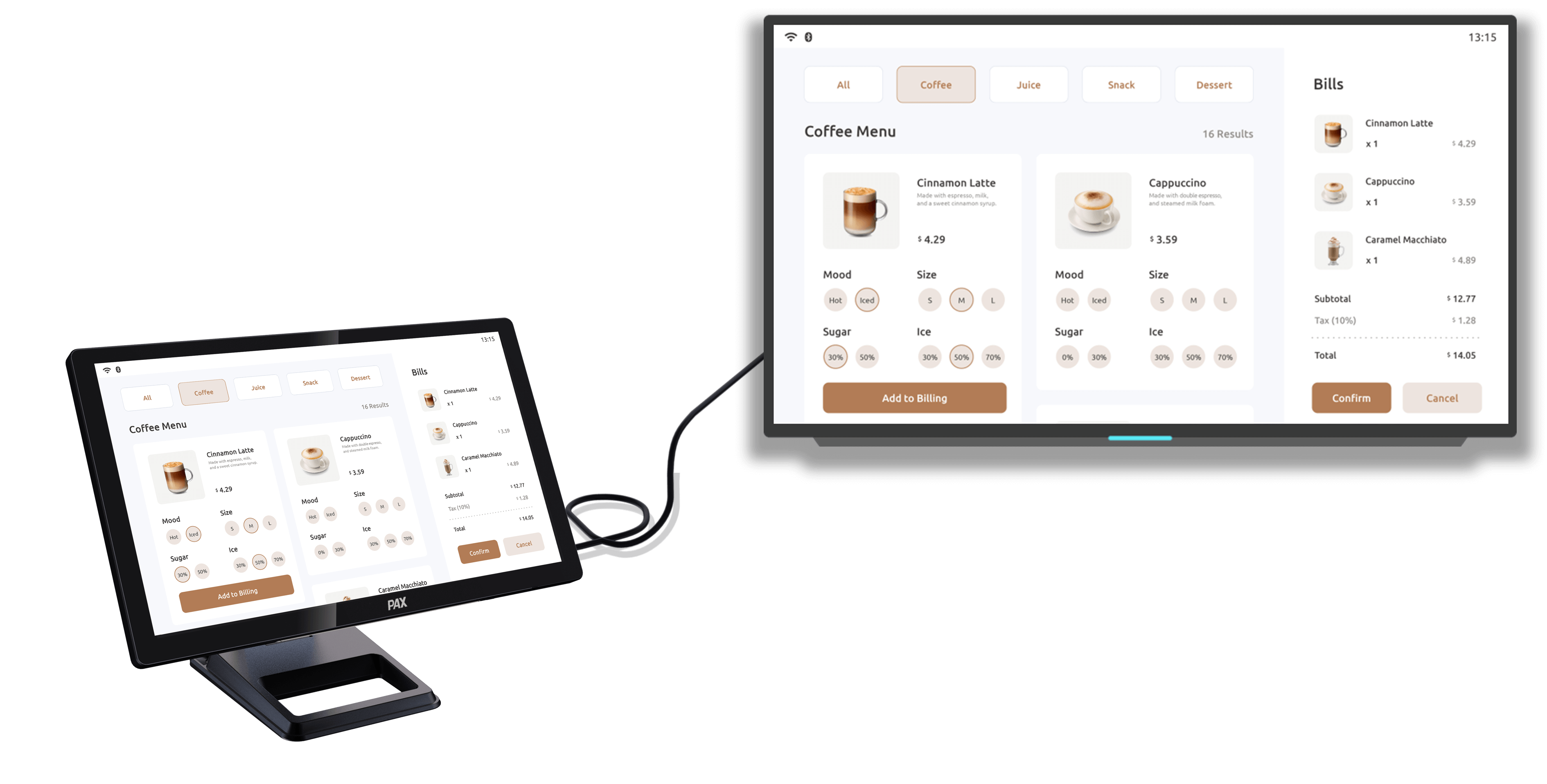Elys Display angled right connected to a TV both displaying a coffee shop ordering screen