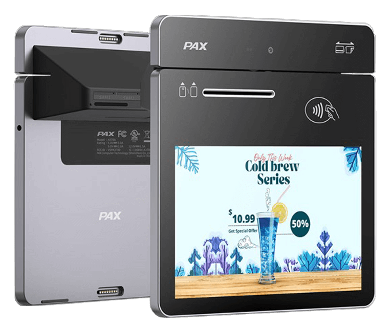 Front and back view of smart payment tablet with the screen displaying 'cold brew series'