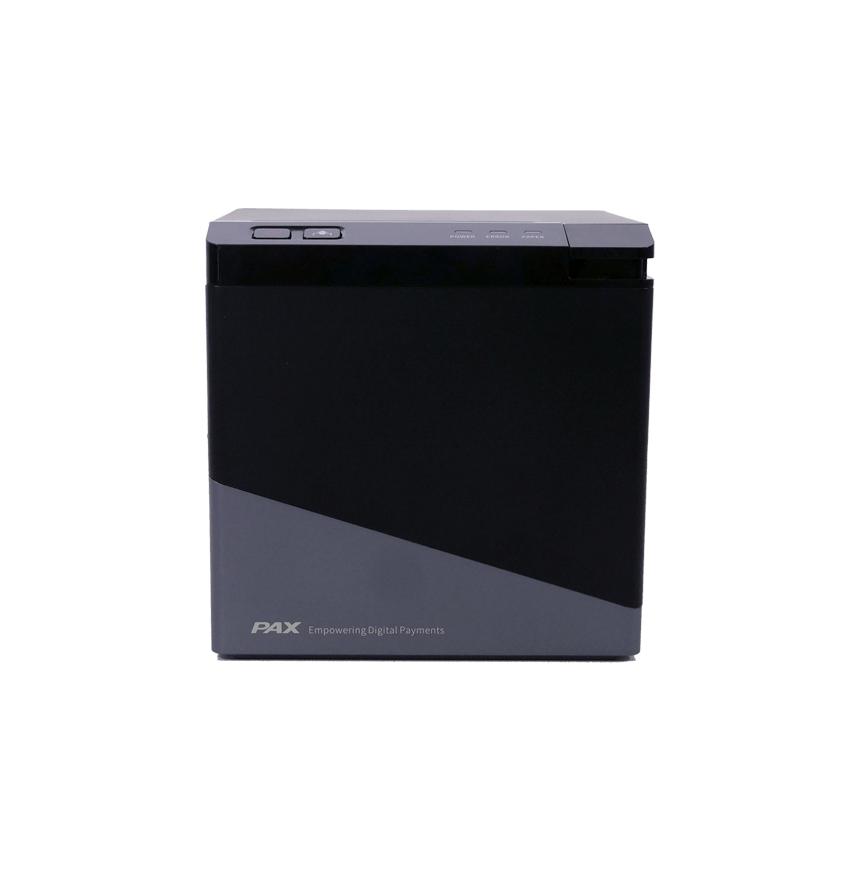 A black Elys Printer in the shape of a square with the lower third of the printer with a gray triangular shade on the bottom. The PAX logo with the tagline, Empowering Digital Payments is on the lower left corner on the printer. Elys Accessories, Elys Solution.